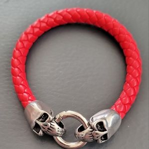 Red Leather Stainless Steel Skull Bracelet